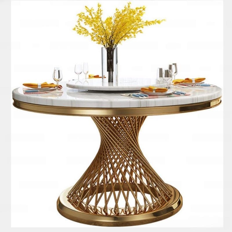 Bàn Ăn Tròn Mặt Đá Xoay Chân Inox Mạ Vàng- Mã: T1113-15