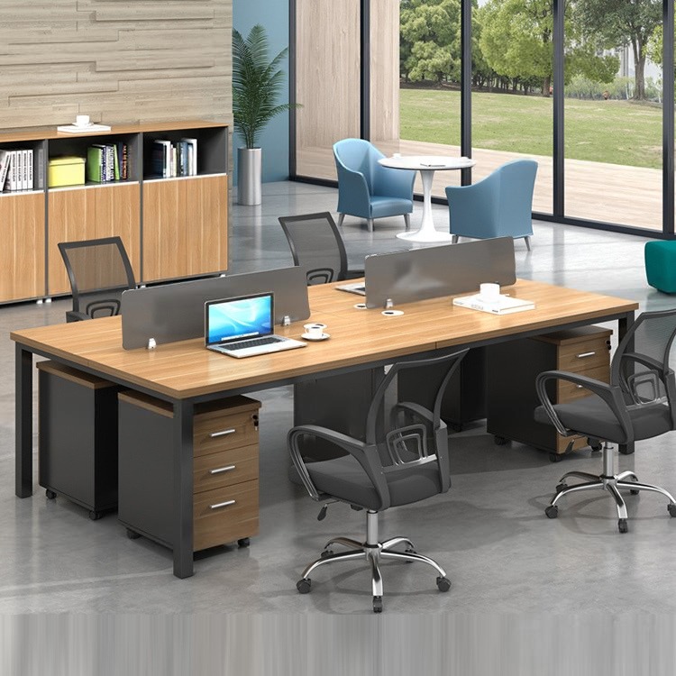 Bàn Làm Việc Chân Đen Mặt Gỗ 4 Chỗ