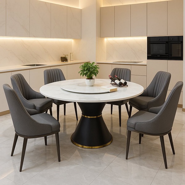 Bàn ăn mặt đá tròn sang trọng là lựa chọn phù hợp với không gian nhỏ và giúp tối ưu diện tích hiệu quả